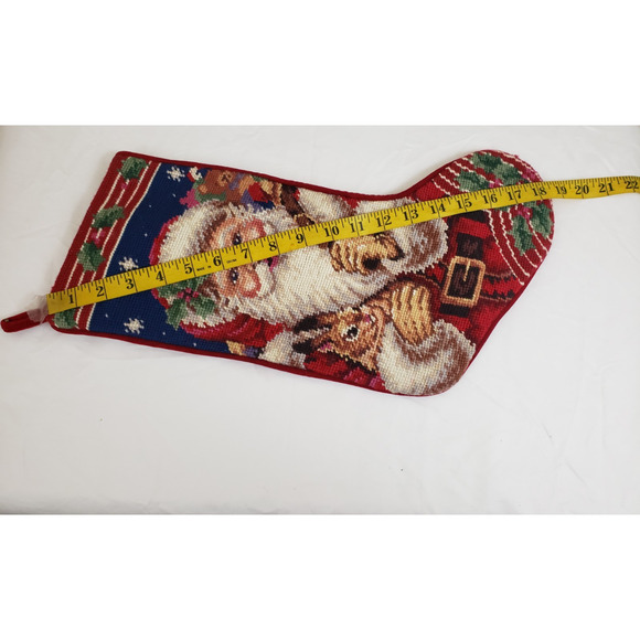 JL) Vintage Needlepoint Christmas Stocking Santa Holly Snow Red Velvet Lined 18" - Picture 5 of 6
